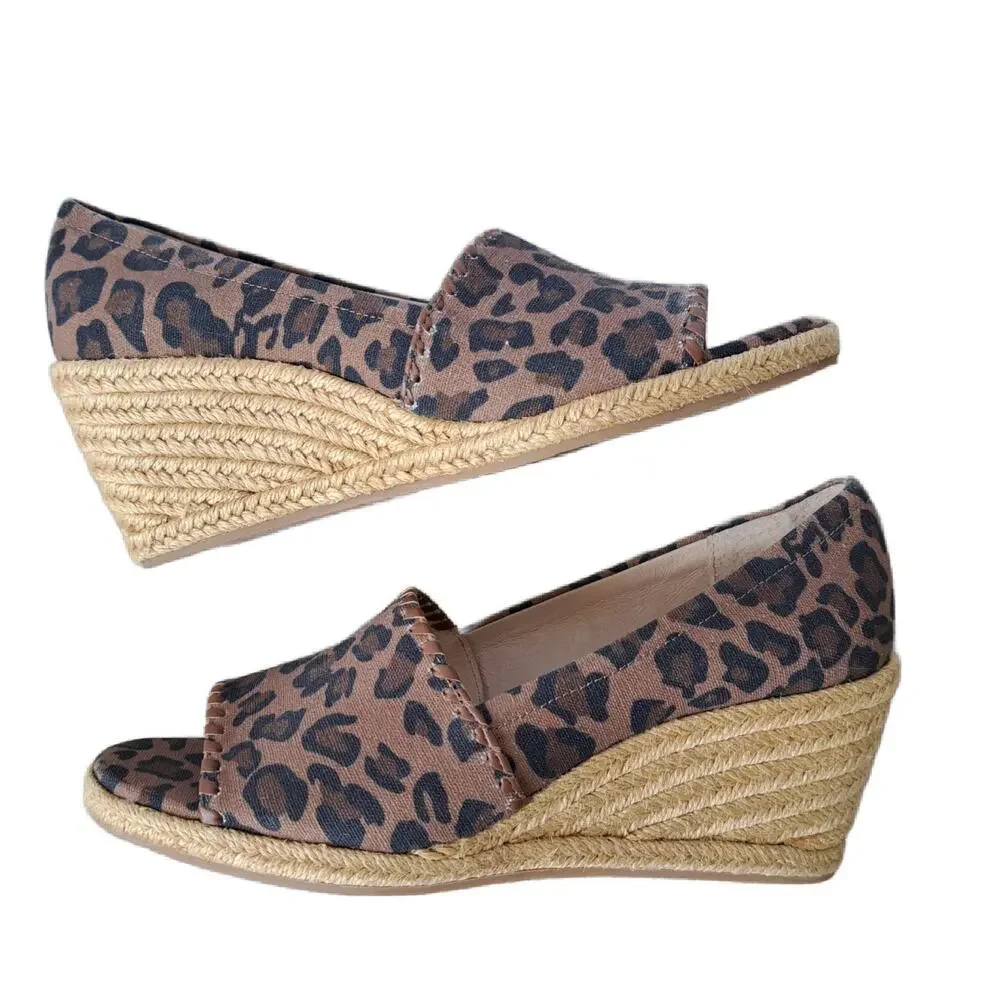 Jack Rogers Palmer Wedge Sandal Size 7 Linen Leopard Print Espadrille Peep Toe